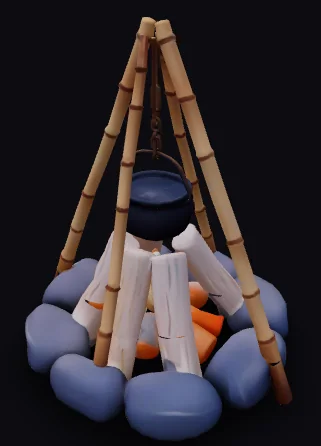 3D котле, окачено на триножник над огън, ограден с камъни