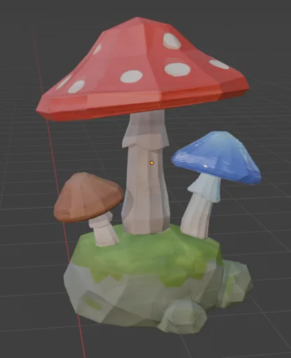 Три нискополигонални гъби на обрасъл с мъх камък в Blender