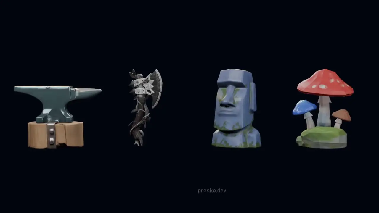 Четири модела, направени с Asset Forge, се въртят един до друг: наковалня, бръдва, каменна глава и гъби